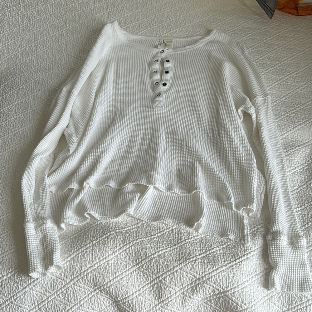 OFFLINE by Aerie Women's White Long Sleeve  Half Button Down Top